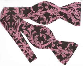 SELF TIE BOW TIE  SALMON PINK DAMASK DESIGNS ON BROWN  