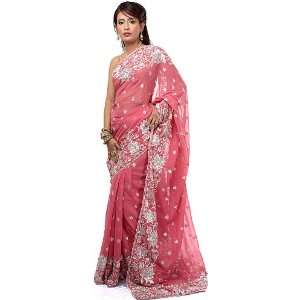  Rupture Rose Sari with Flowers Embroidered with Silver 