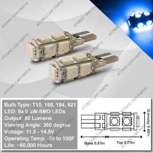   360° CANBUS LED Bulbs (9x0.2W)   168/194/921/T10 Type, Blue (Pair
