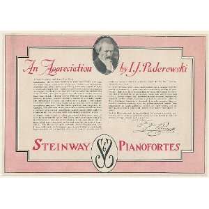  1923 I.J. Paderewski Steinway Pianofortes Piano Print Ad 