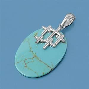  Sterling Silver Oval Turquoise w/ Crosses Bail Attached 
