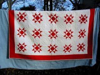ANTIQUE RED AND WHITE LONE STAR QUILT 67 1/2 BY 74 1/2 PATCHWORK 