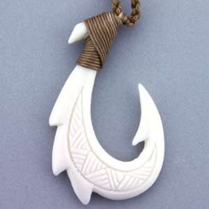  Bone Fish Hook Pendant Necklace with Carving   Adjustable 