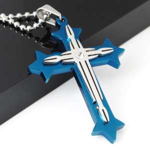 Mens Blue Stainless Steel Cross Pendant Necklace Chain  
