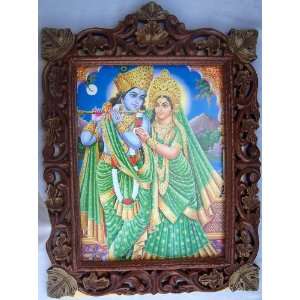 Lord Radha Krishna with His Flute At River End Poster Painting in Wood 