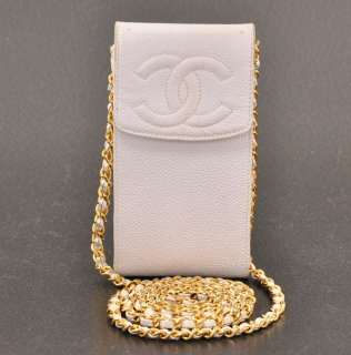 Authentic Chanel White caviar leather case bag holder pouch gold chain 