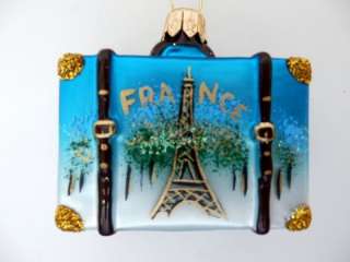FRANCE LUGGAGE EUROPEAN BLOWN GLASS CHRISTMAS ORNAMENT FRENCH SUITCASE 
