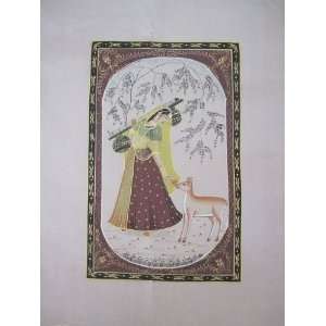  Wall Hanging Silk Painting Woman & Deer Ragini Art: Home 