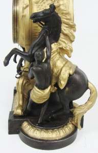   FRENCH 2 TONE GILT METAL HORSE & RIDER FIGURAL MANTEL CLOCK 1695