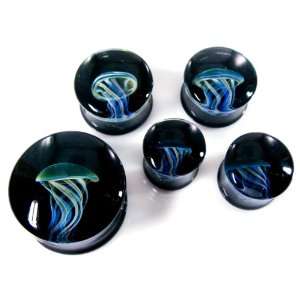 Black Blue Moon Jellyfish Double Flare Hand made Glass Plugs   5/8 