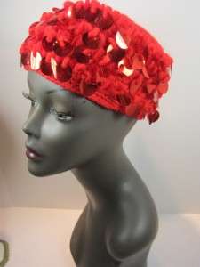   Womens 1960s Hat Cherry Red Wool Knit Paillette Sequin Exc .  