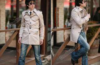 Korea Men Slim Fit Fashion Front Button&Waist Belt Trench Cotton Coat 