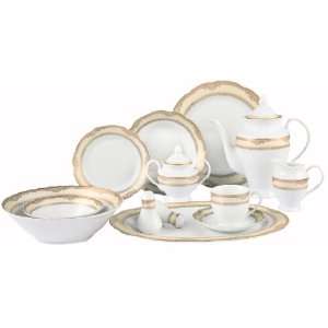 Isabella 57 Piece wavy porcelain dinnerware set, service for 8. Silver 