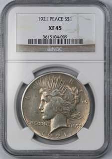 This 1921 Peace dollar is graded and certified XF45 by NGC. This 