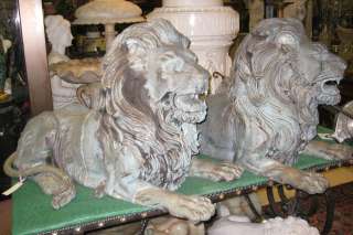 Pair Large Antique Bronze Lion Garden Sculptures  