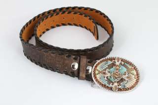 Bronze Leather Belt crystal studded custom buckle  