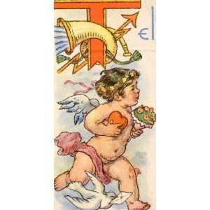 Vintage Eastern European card: Cupid/Cherub carrying flowers & Heart 