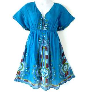 Plus Size Short Sleeve Dashiki Dress Blue 1X 2X 3X  