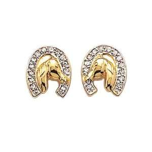   Gold Plated Cubic Zirconia Horse & Horse Shoe Equitation Stud Earrings