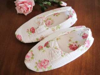 Pink Rose Bow Cotton Flat Quilted Shoes Slippers  