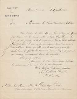   1892 LETTER FROM THE KHEDIVIAL CABINET SIGNED BY L. ROUILLER  