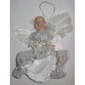  Winged Angel Ornament Robed in Silver and White 7 X 6 