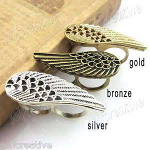 Hollowed Angel Wing 2 Two Double Finger Ring Silver/Gold/Bronze 