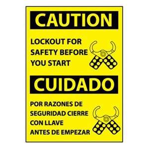 Bilingual Plastic Sign   Caution Lockout For Safety Before You Start 