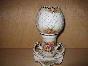 Vintage Ceramic Hurricane Lamp Roses Gold Trim 7 Tall  