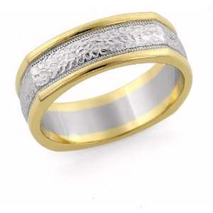  Square Hammered Wedding Band, 14K Two Tone Gold Jewelry