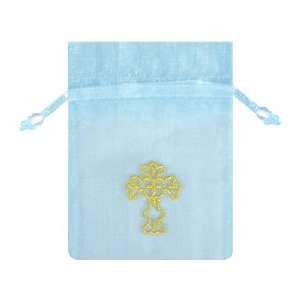 Light Blue Sheer Organza Bag with Gold Embroidered Cross (3.25in. W x 