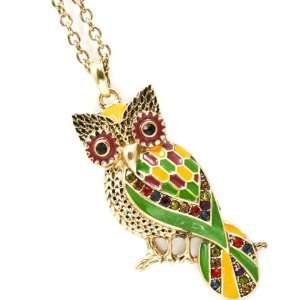  OWL JEWELRY   Gold Tone Multicolor Owl Crystal Necklace 