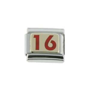    18K gold and steel Italian Charm number 16 red enamel: Jewelry