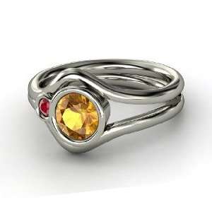 Sheltering Sky Ring, Round Citrine 14K White Gold Ring with Ruby
