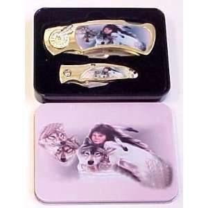  Indian Maiden with Wolf Scene Collectable Pocket Knife Set 
