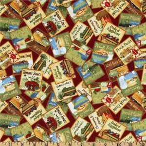  44 Wide Potpourri Labels Crimson Fabric By The Yard 