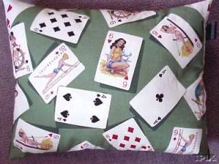 PILLOW 50s ATOMIC PIN UP GIRLS PLAYING CARDS FABRIC grn  