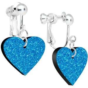  Island Blue Glitter Heart Dangle Clip Earrings Jewelry
