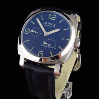 bow glass 44mm parnis black dial Power Reserve Automatic date mens 