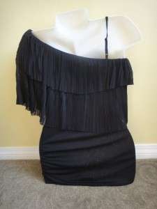 Bebe 2b One Shoulder Top Shirt Blouse Black Pleat Chiffon Rouched NEW 