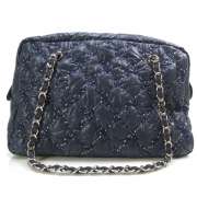 CHANEL Nylon Quilted Tweed on Stitch Zip Tote Blue