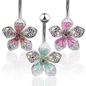 Belly Ring With Purple Pave Gemed Tropical Flower   14G 