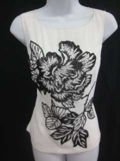 HALSTON White Black Floral Beaded Sleeveless Shirt Sz 8  