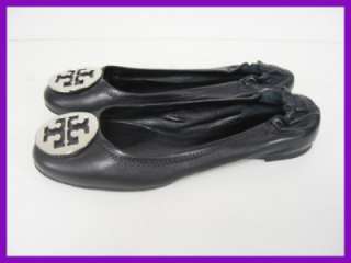 Auth Tory Burch Black Leather wi/ Silver logo Flats 7  