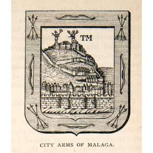  1895 Wood Engraving Coat City Arms Malaga Spain Espana 