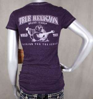 True Religion Womens V Neck t shirt BURNOUT Logo NEW eggplant or 