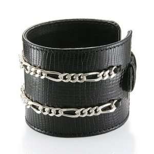 Leather Cuff Bracelet with Silver Chains Jewelry