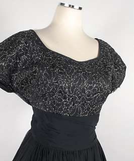 Vintage 50s Black Silver Lace Chiffon Cocktail Party Full Skirt Dress 