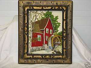 Country Handmade yarn old mill picture,framed primative  
