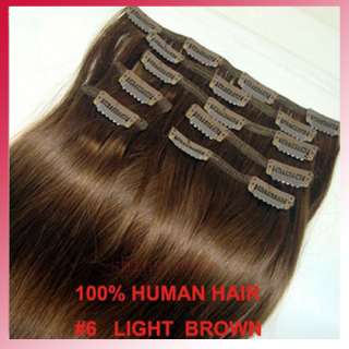   26Clip in 100% Human Hair Extensions Light Brown #6 70g,7pcs  